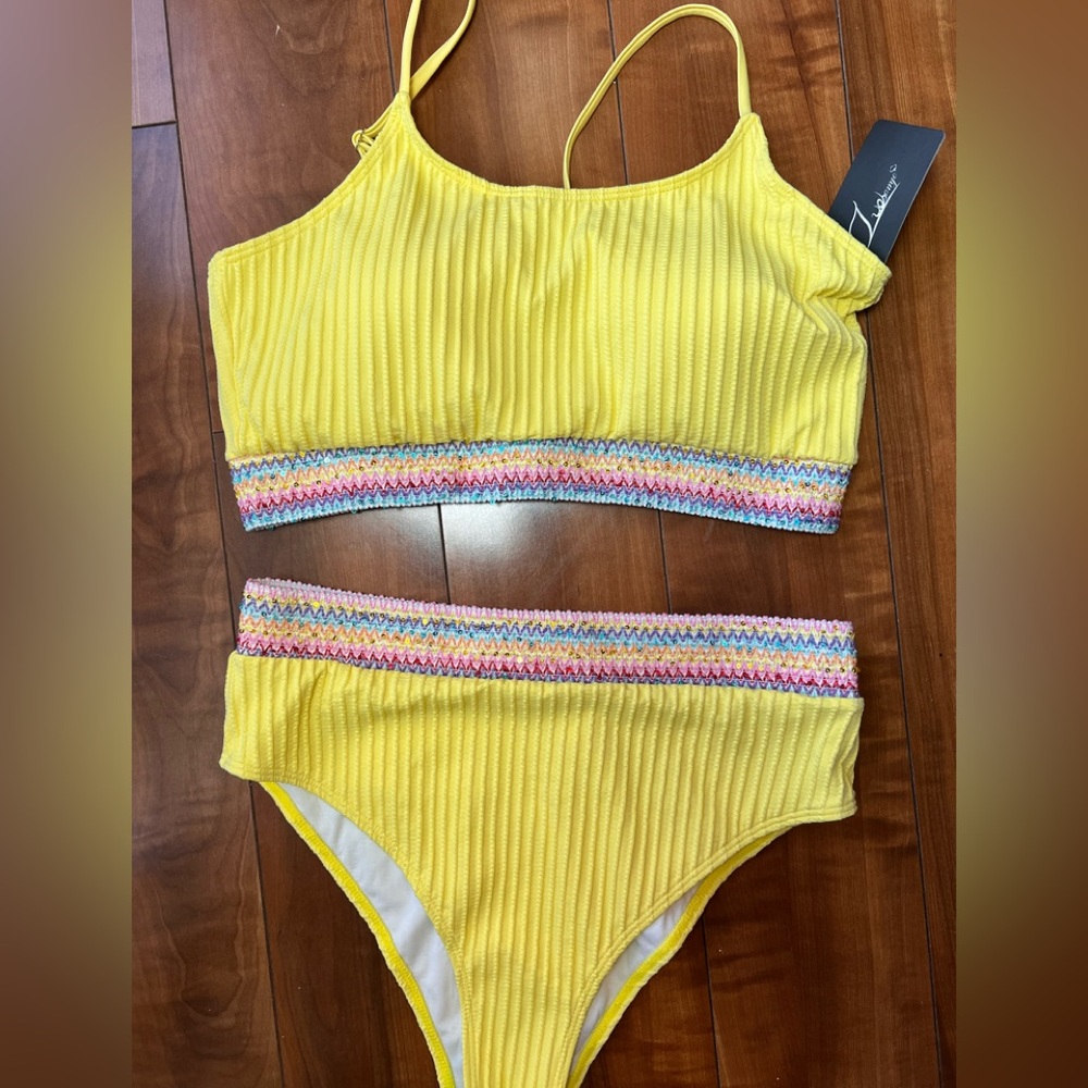 Yellow Ribbed Bikini Set Rainbow Smocked Band High Waisted Size XL NWT Boho
